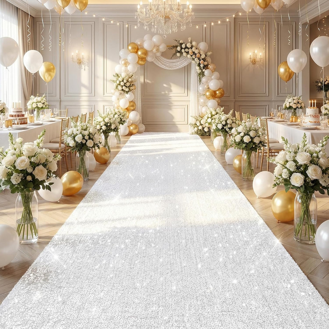 White sequin wedding aisle runner in indoor ceremony setting