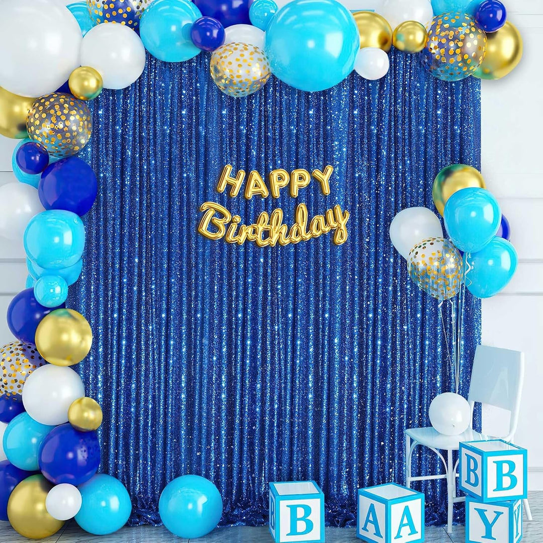 Navy blue sequin curtain with birthday decorations