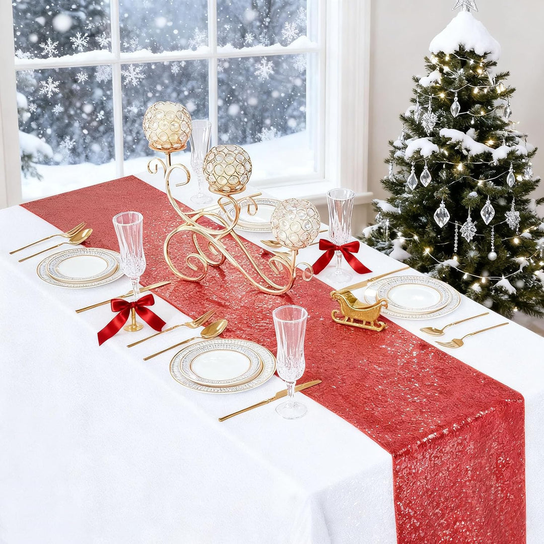 Red sequin table runner on a holiday dining table