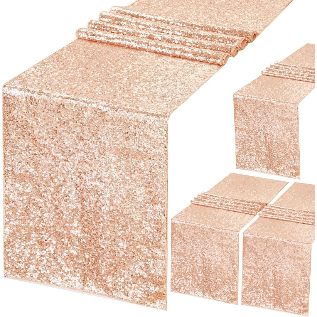 Four rose-gold sequin table runners shown as a set