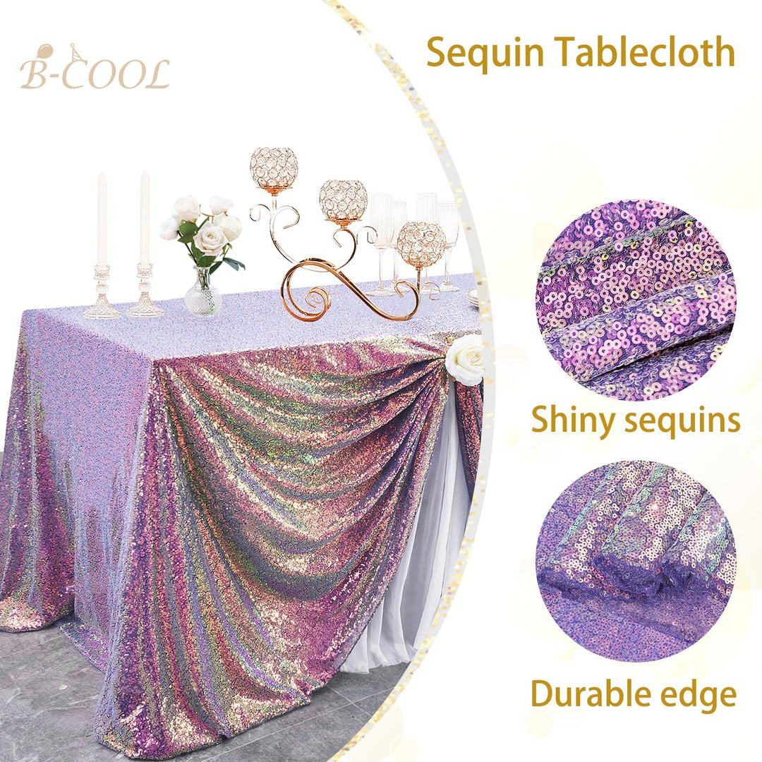 Iridescent purple sequin tablecloth and textile details