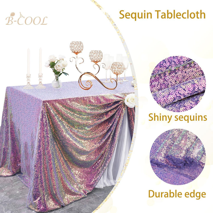 Iridescent purple sequin tablecloth and textile details