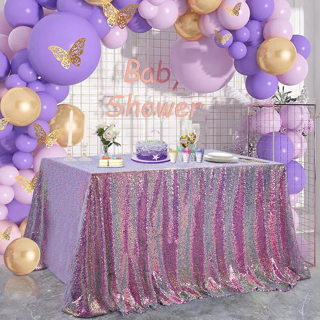 Iridescent purple tablecloth at baby shower