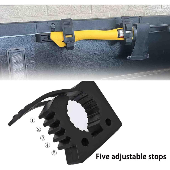 Black tool mount clamping an axe handle