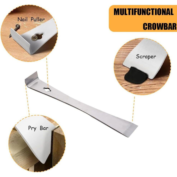 Nail pulling, scraping and prying ends on stainless pry bar