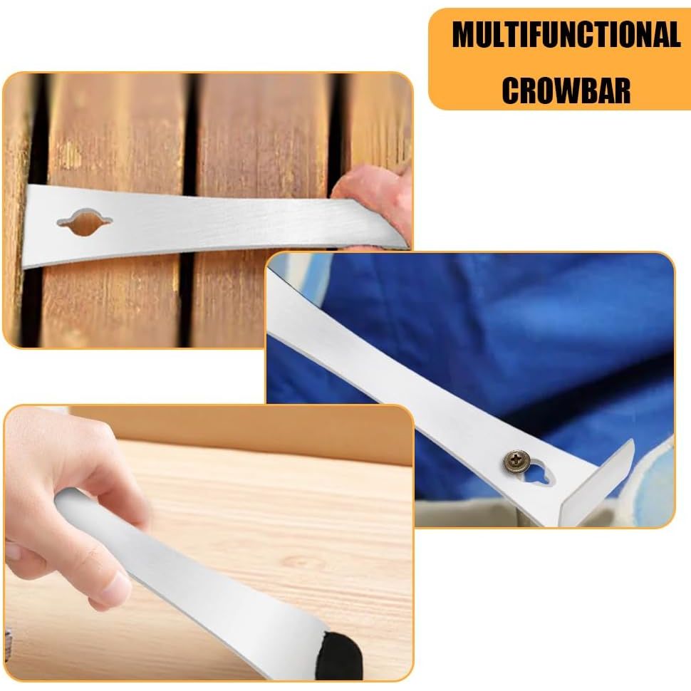 Stainless pry bar shown in woodworking uses