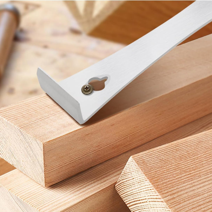 Close view of angled pry bar nail-pulling end