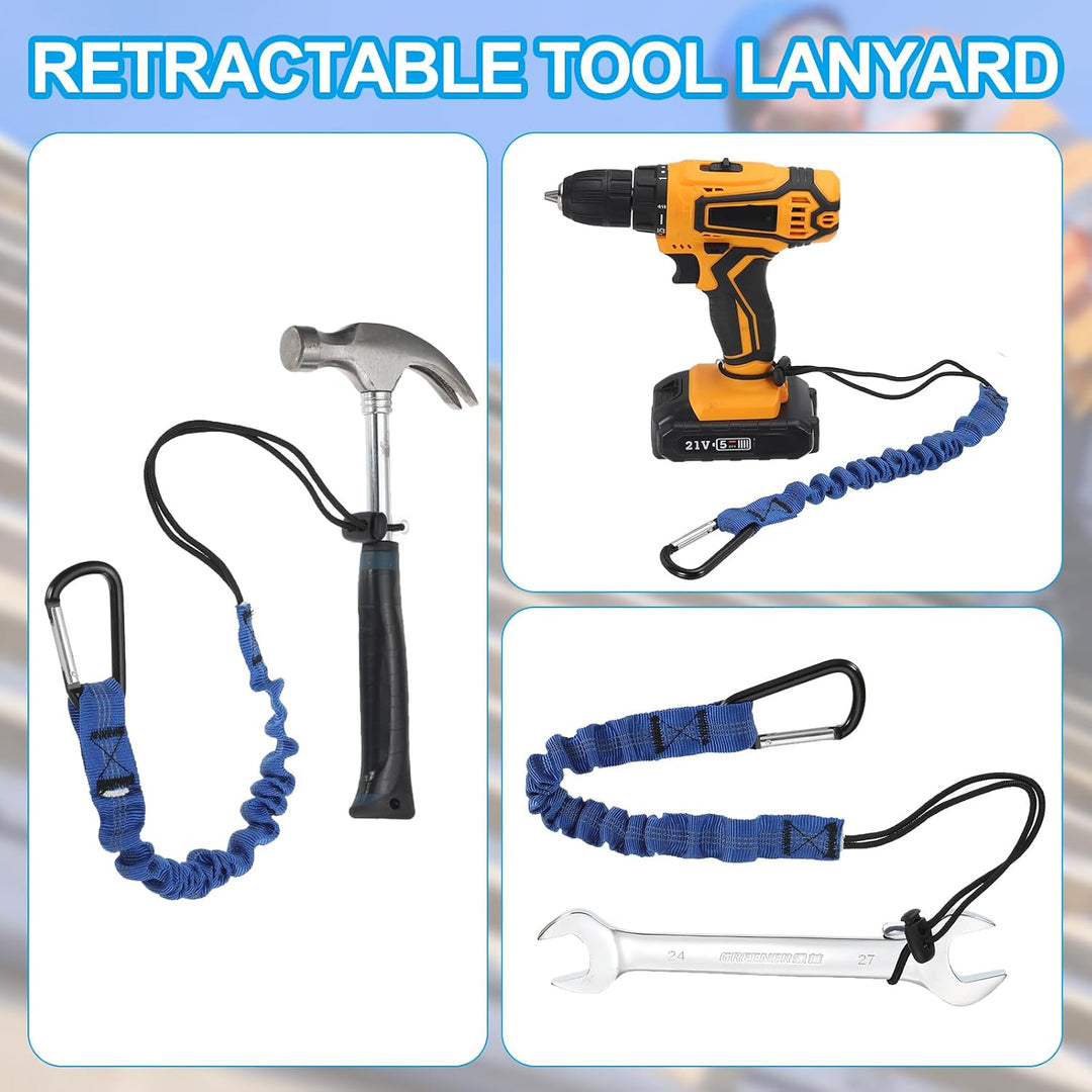 Blue retractable tool lanyards in use