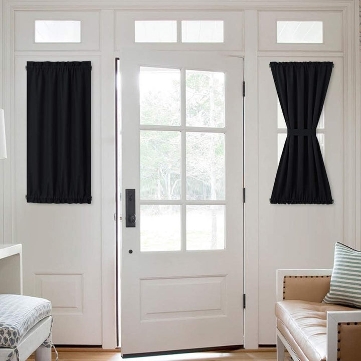 Two black 25 x 40 inch French-door curtain panels with tiebacks