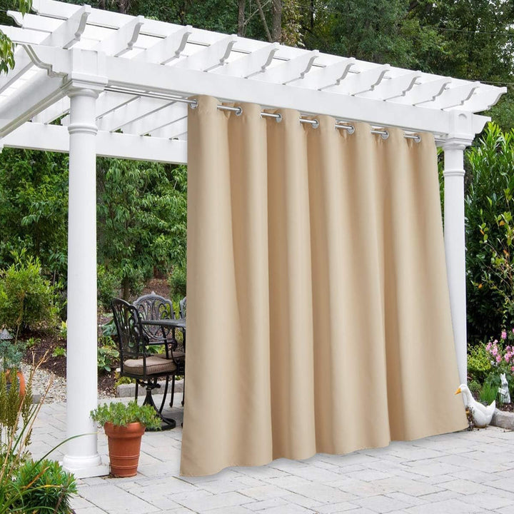 Biscotti beige outdoor blackout curtain installed