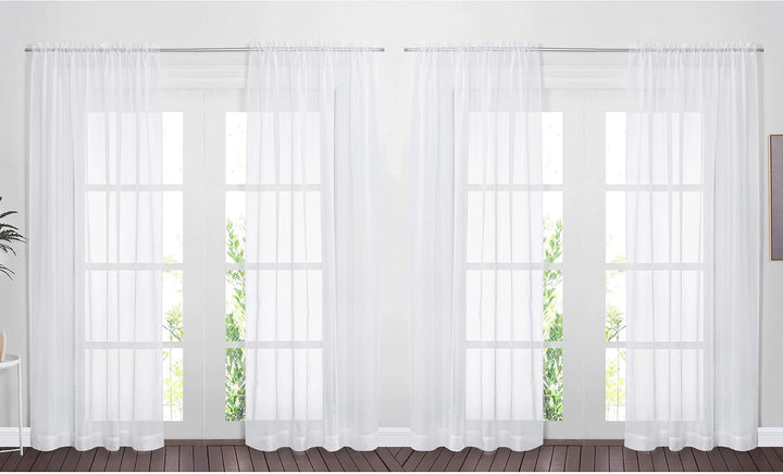 White sheer rod-pocket curtains, set of four