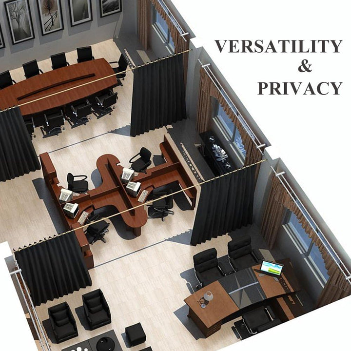 Black room-divider curtain office use