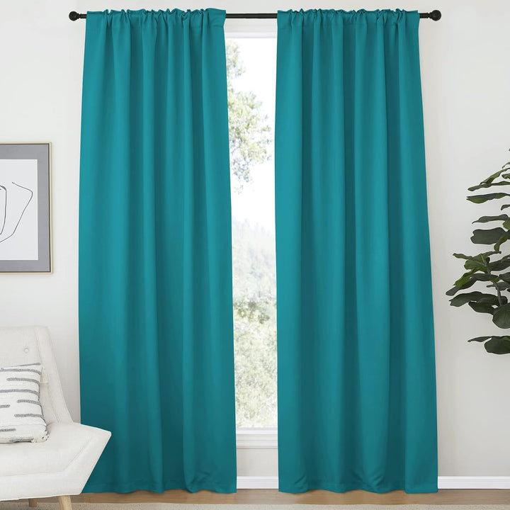 Peacock teal blackout curtains, rod pocket hanging