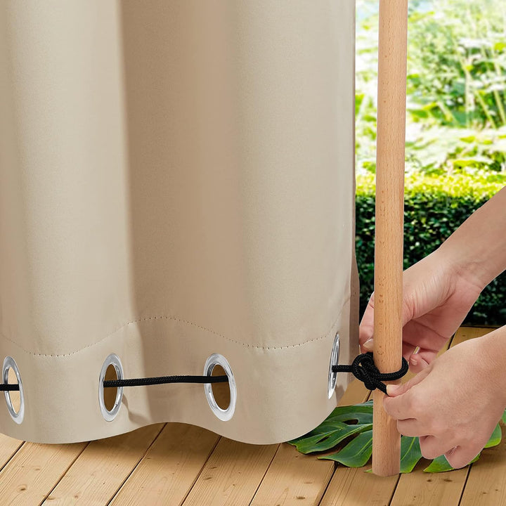 Biscotti Beige outdoor curtain bottom grommets and fixing rope