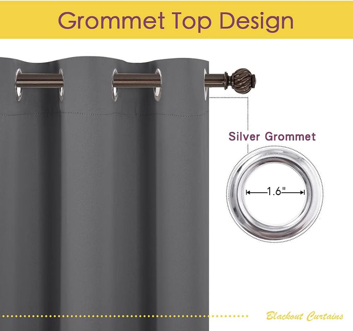 Silver grommet detail on grey blackout curtain