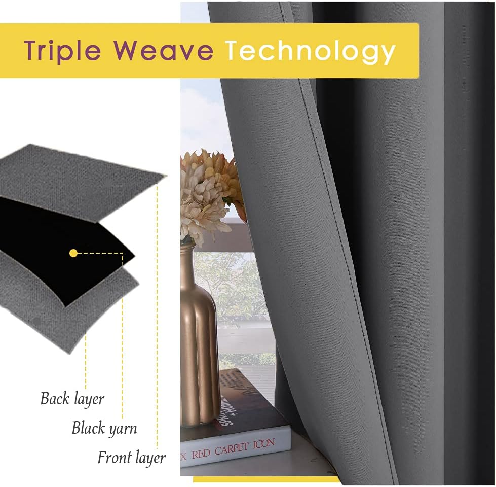Triple-weave fabric detail on grey blackout curtain