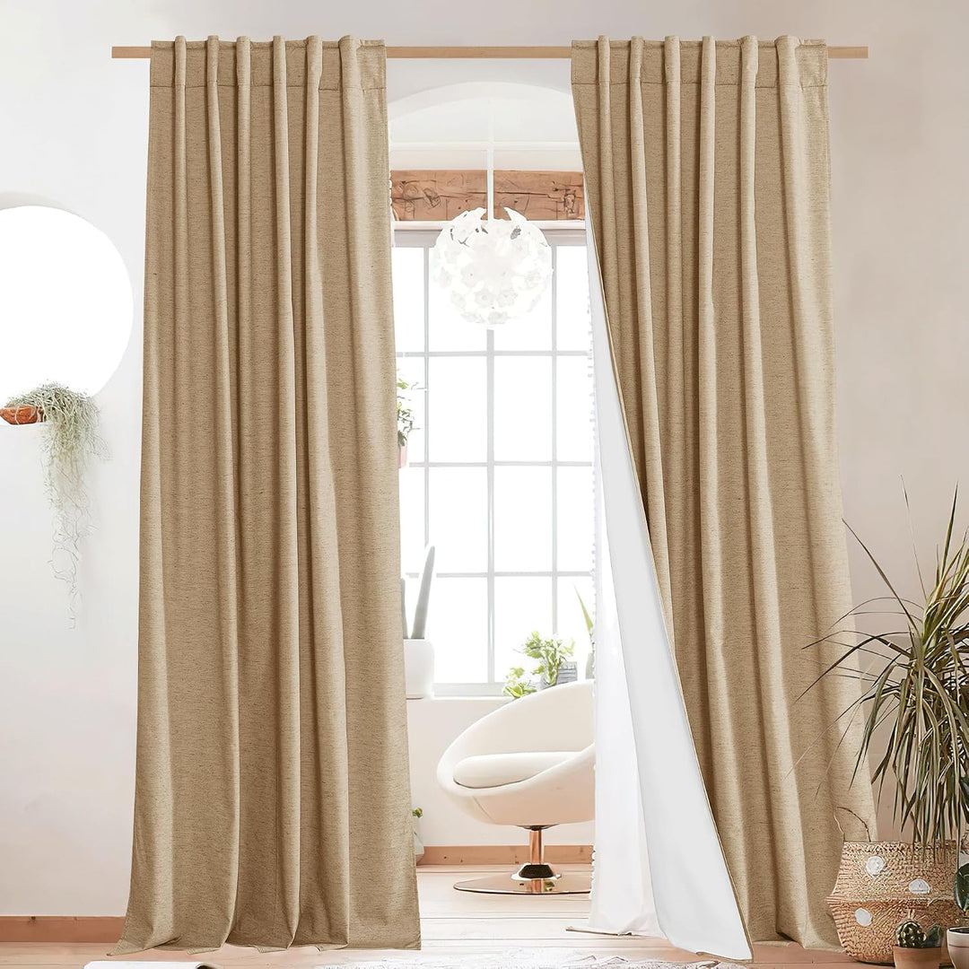 Camel linen-look blackout curtains, two 52 x 84 inch panels with back tabs