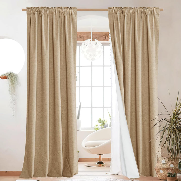 Camel linen-look blackout curtains shown with rod-pocket hanging