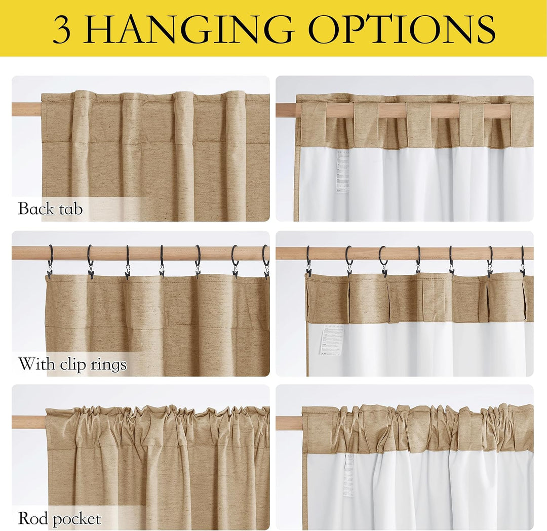 Camel curtains with back-tab, clip-ring, and rod-pocket hanging options
