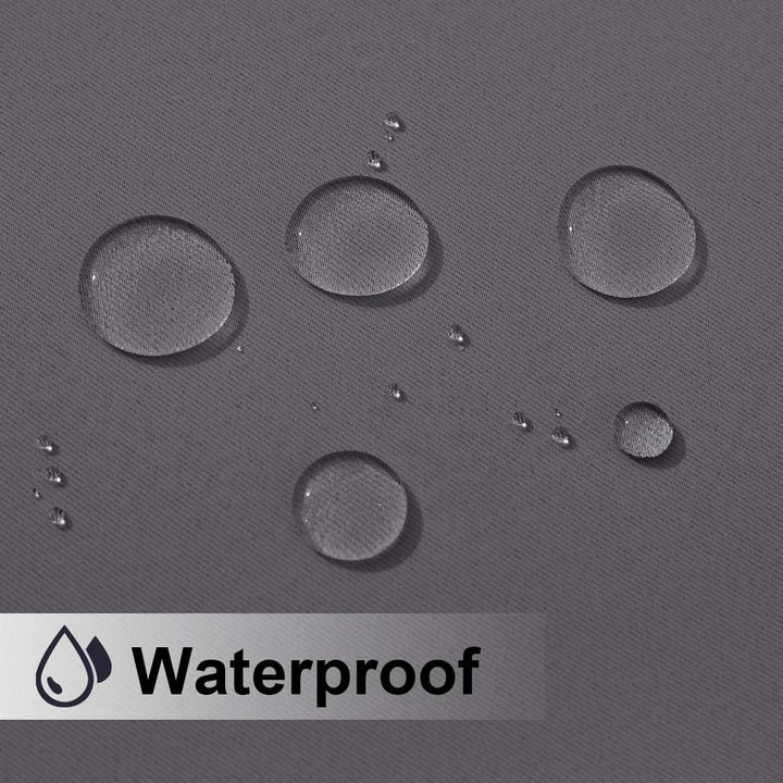 Water droplets on grey waterproof outdoor curtain fabric