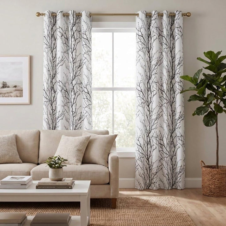 Black and grey branch-pattern curtains, two 52 x 72 inch panels on living-room window