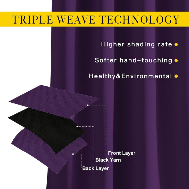 Triple-weave fabric construction of royal purple blackout curtains