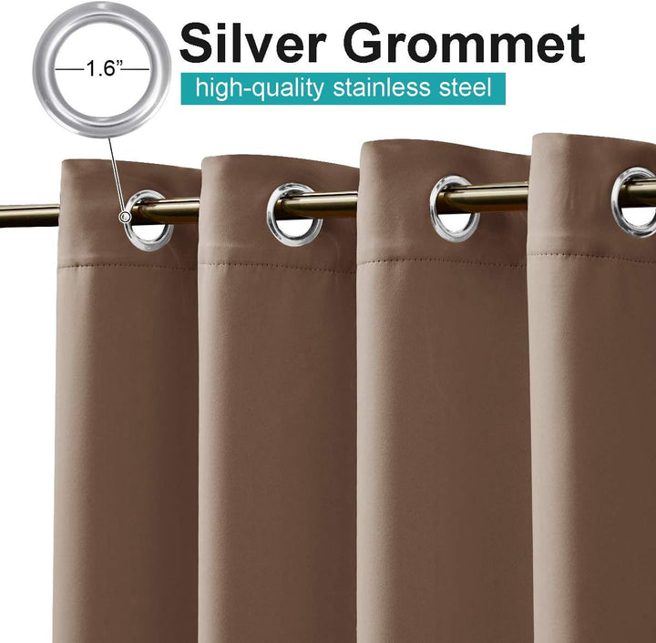 Silver rust-resistant grommet detail on cappuccino outdoor curtain
