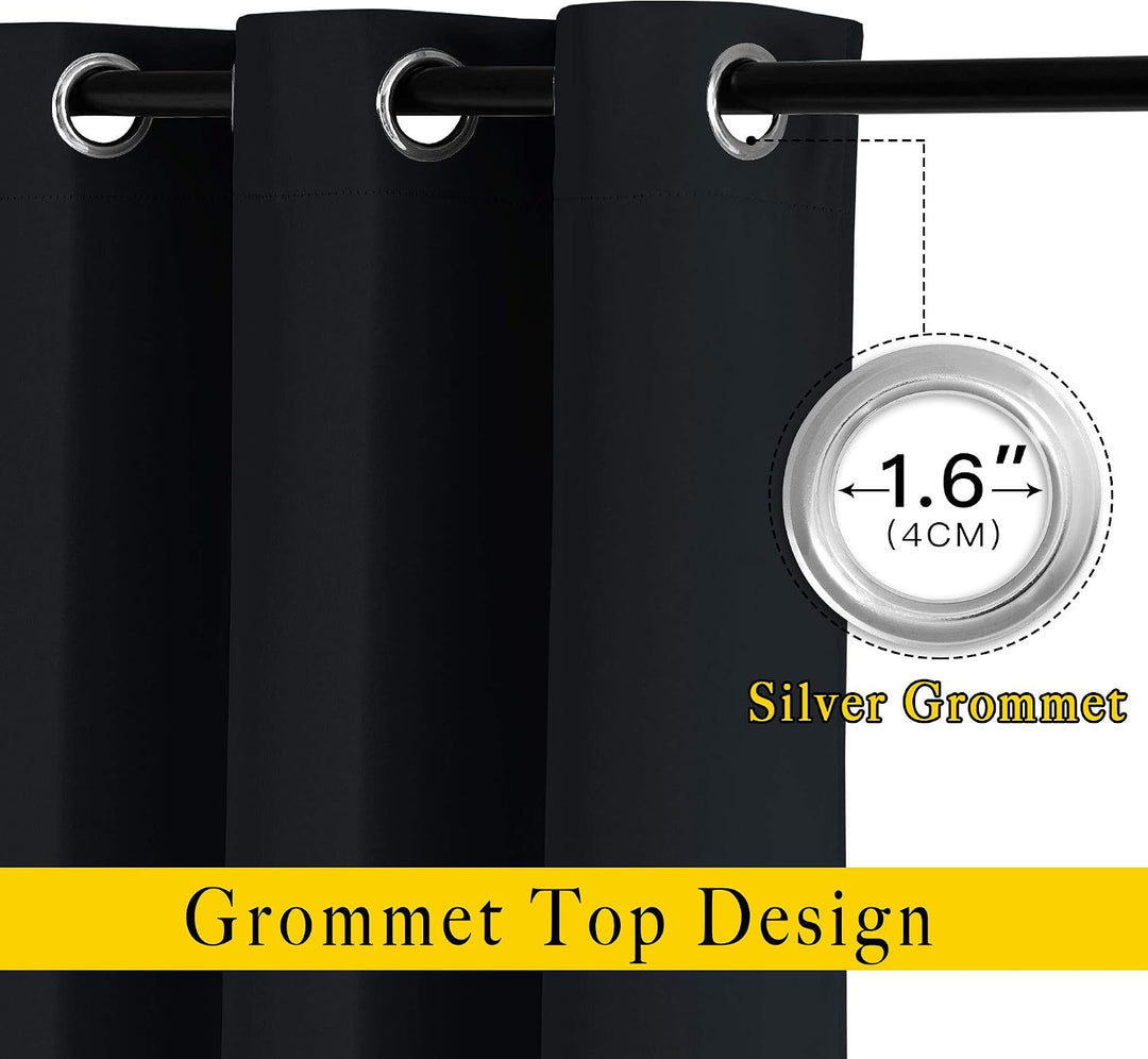 Silver grommet header detail on black curtain