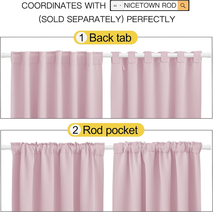 Back-tab and rod-pocket hanging options for baby pink curtains