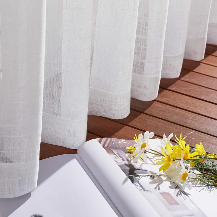 White 70 x 95 inch sheer curtain panel lower fabric detail