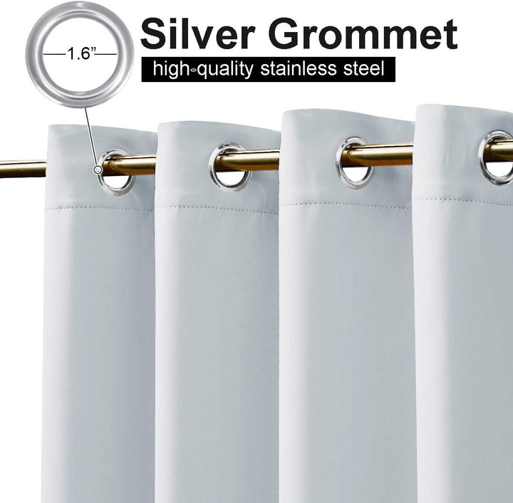 Greyish white outdoor curtain silver top grommet close-up