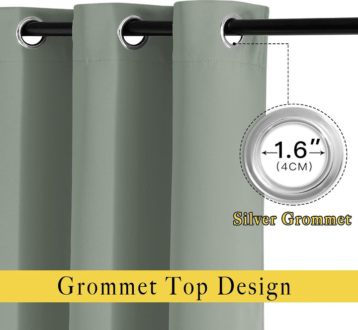 Sage green curtain silver grommet close-up