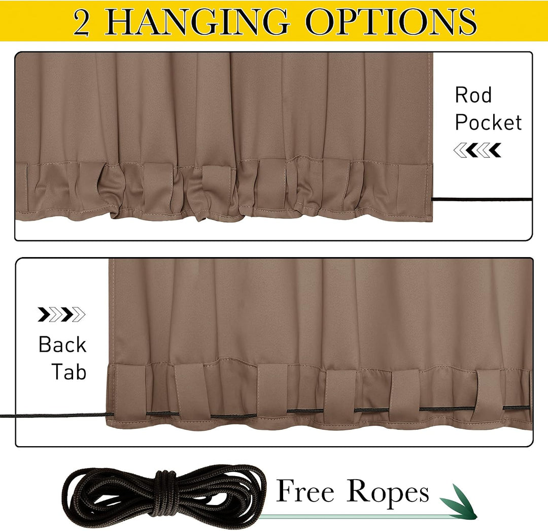 Back-tab and rod-pocket options at bottom of cappuccino curtain