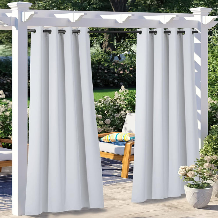 Greyish White 52 x 96 inch waterproof outdoor curtain pair on patio