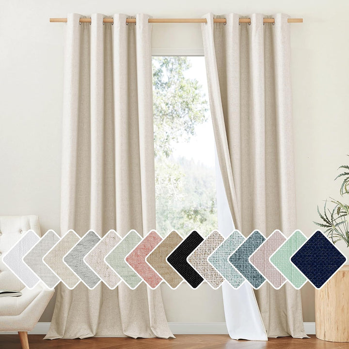 Beige 52 by 95 inch lined blackout curtain pair on window
