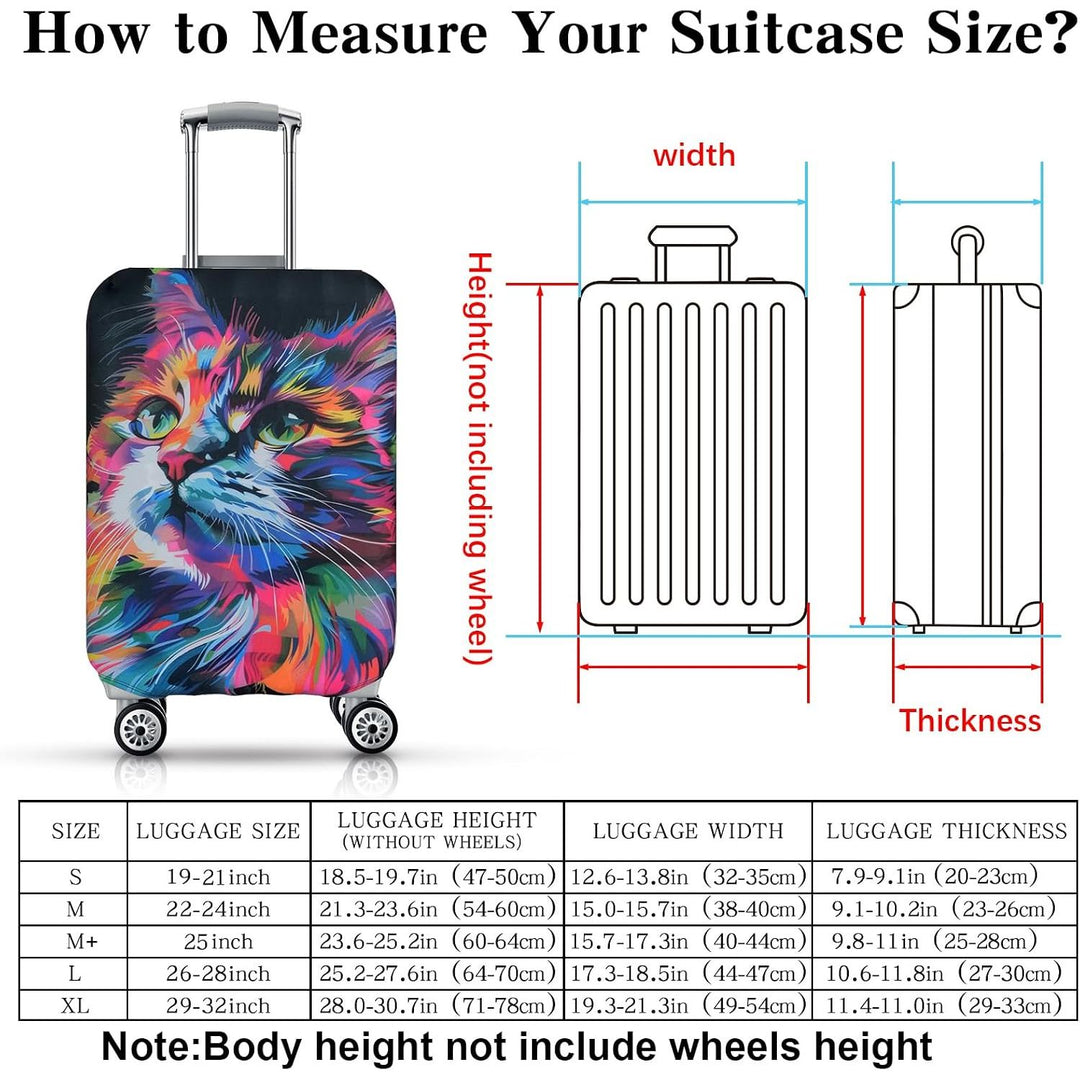 Sizing diagram for a colourful cat-print luggage cover