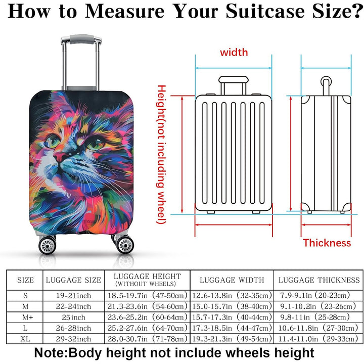 Sizing diagram for a colourful cat-print luggage cover