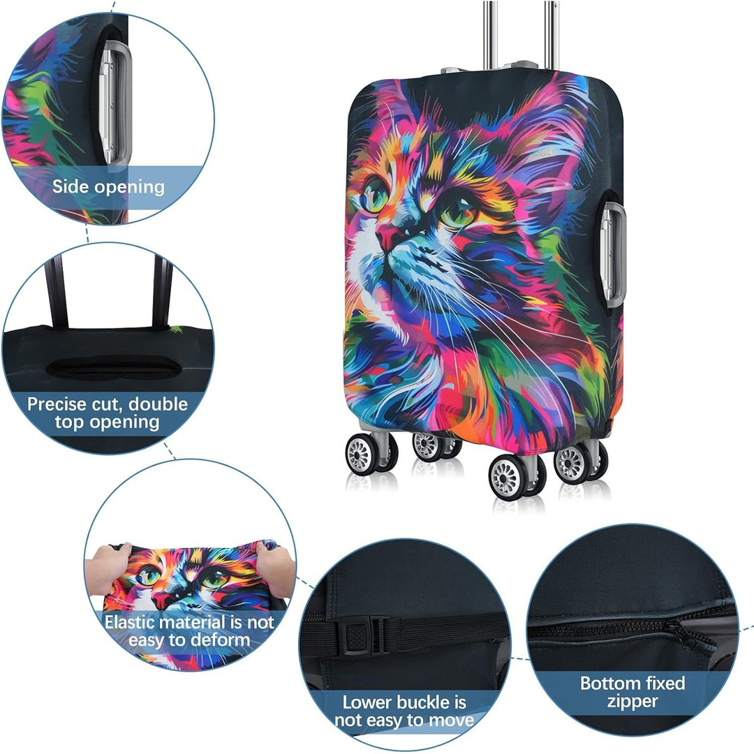Colourful cat luggage cover openings and stretch details