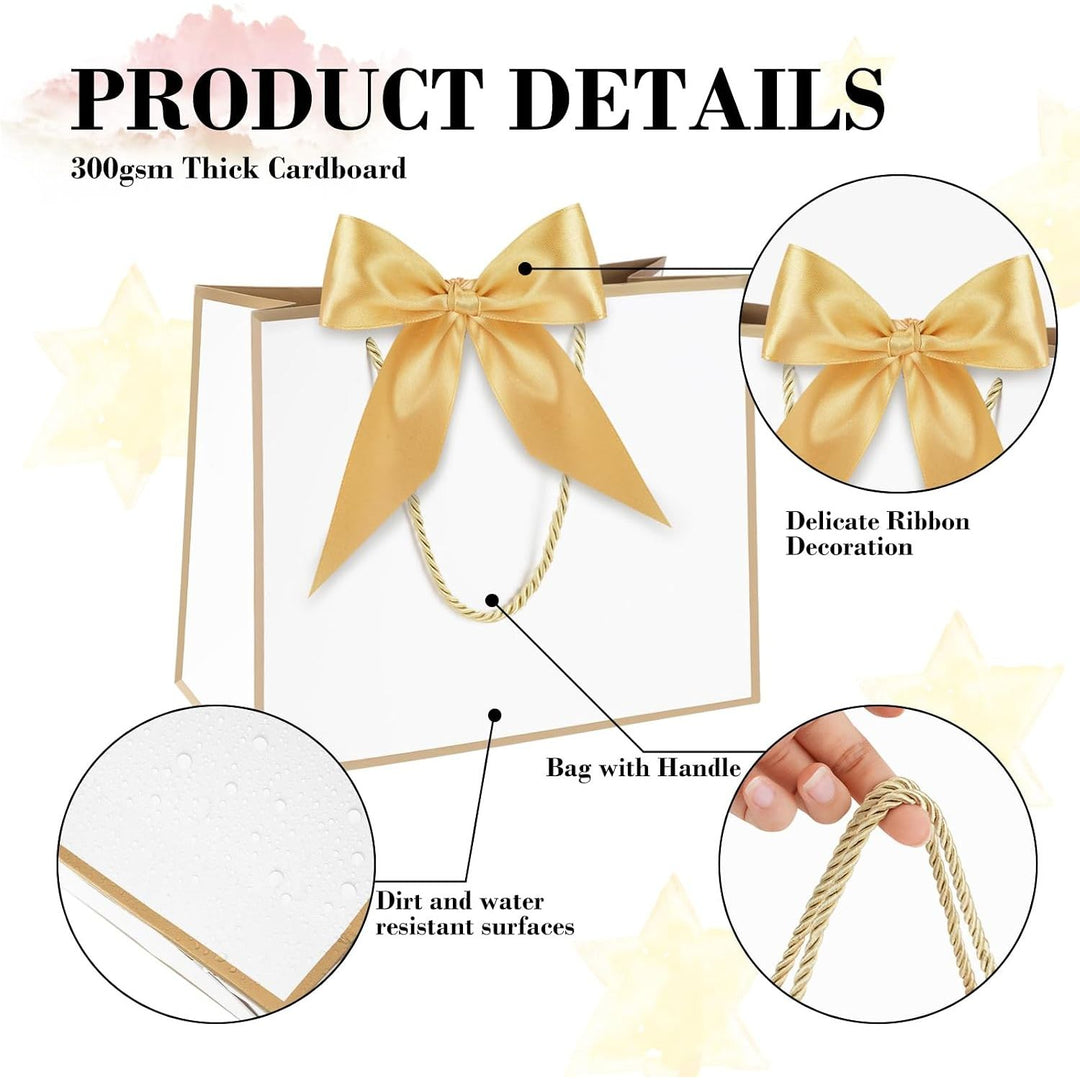 White and pink mini paper gift bags with gold handles and bows
