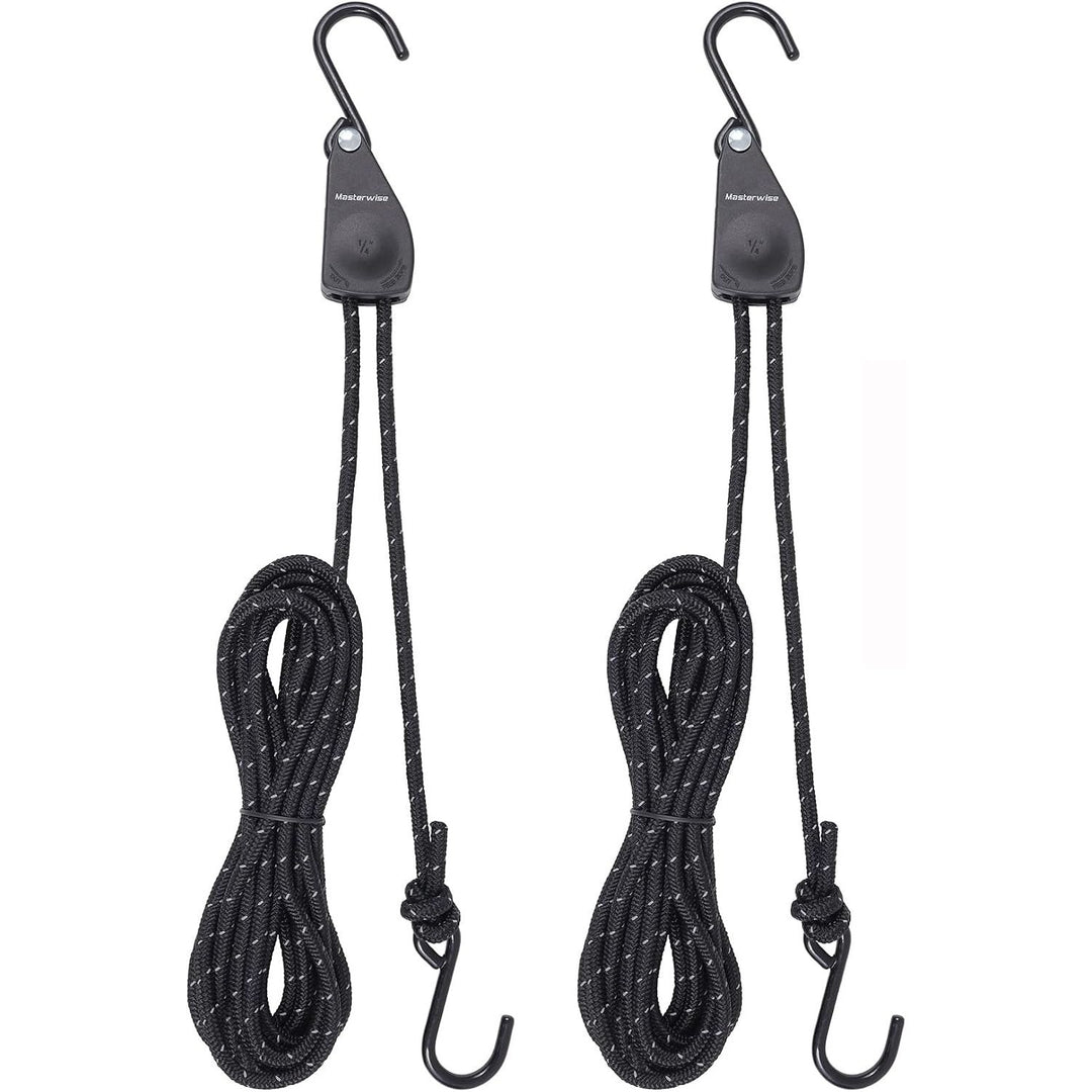 Pair of black reflective 12-foot kayak ratchet tie-down ropes with S-hooks