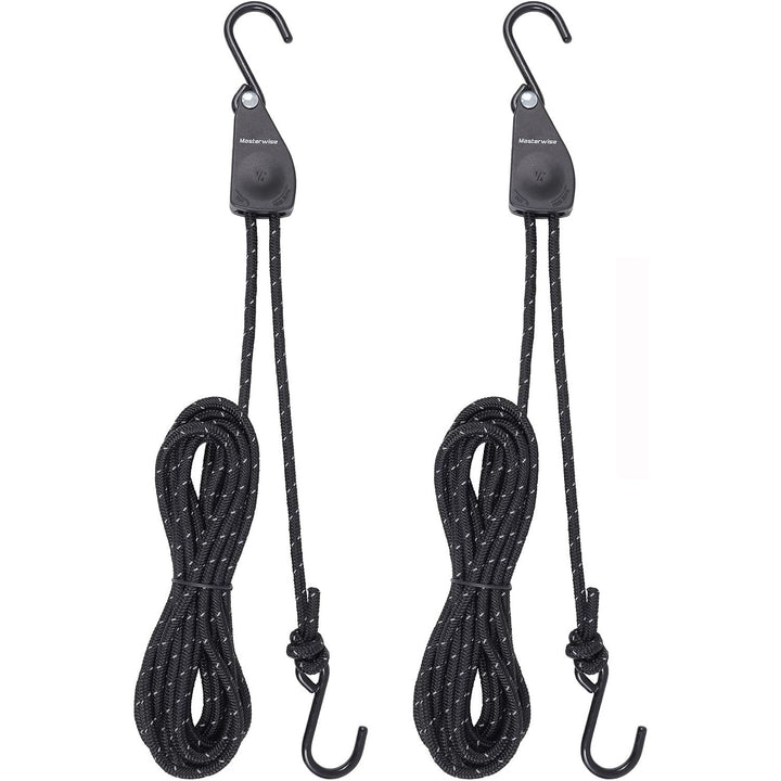 Pair of black reflective 12-foot kayak ratchet tie-down ropes with S-hooks