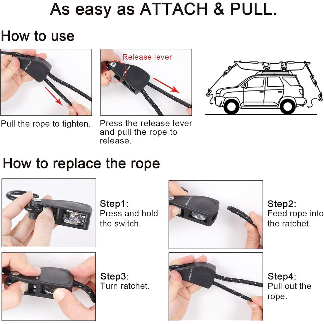 Pair of black reflective 12-foot kayak ratchet tie-down ropes with S-hooks