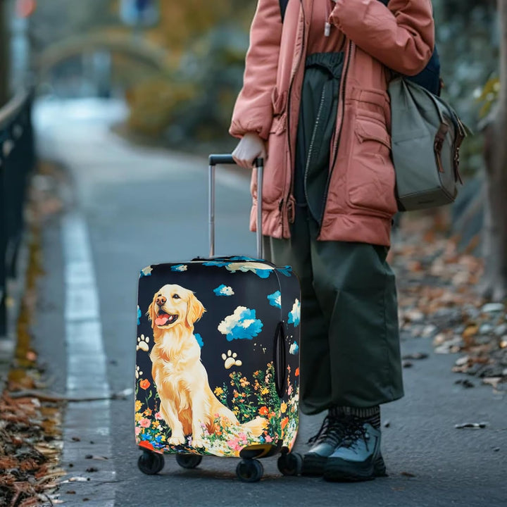 Golden retriever print stretch luggage cover for a 26–28-inch suitcase