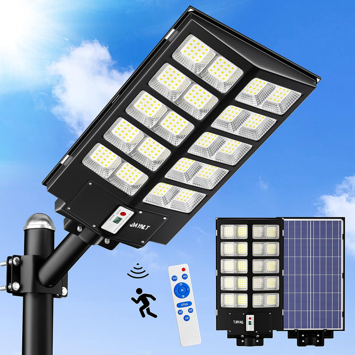 JAYNLT Y - 5200W Solar Street Lights Outdoor,420000LM 6500K Commercial Parking Lot Lights Dusk to Dawn, Waterproof Solar Security Flood Lights with Motion Sensor and Remote for Yard, Garage, Driveway - Just Closeouts Canada Inc.