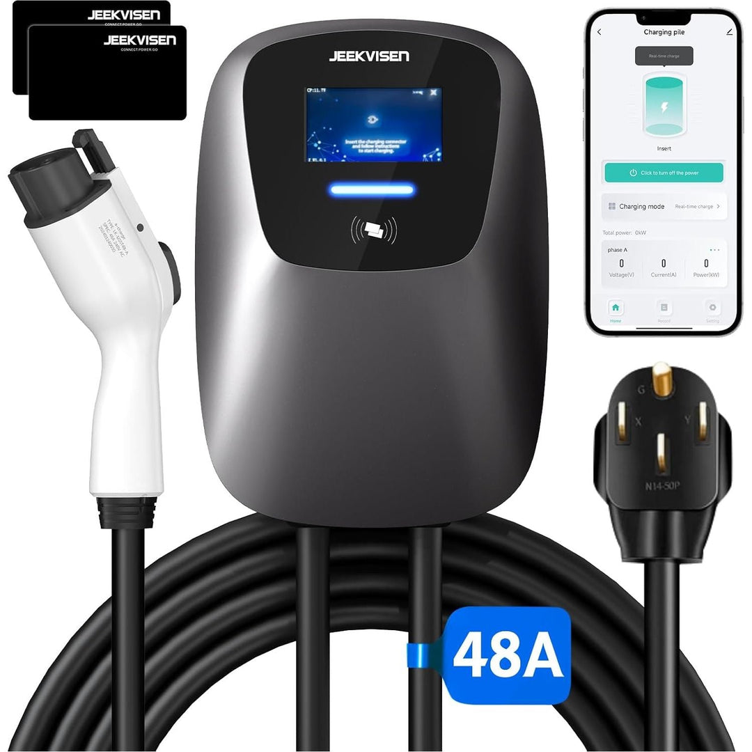 JEEKVISEN Level 2 EV Charger 48Amp 240V NEMA 14 - 50 Plug: Electric Vehicle Charging Station with APP Control, WiFi Enabled EVSE, RFID Card - Compatible with Tesla and All EV Brands (White) - Just Closeouts Canada Inc.