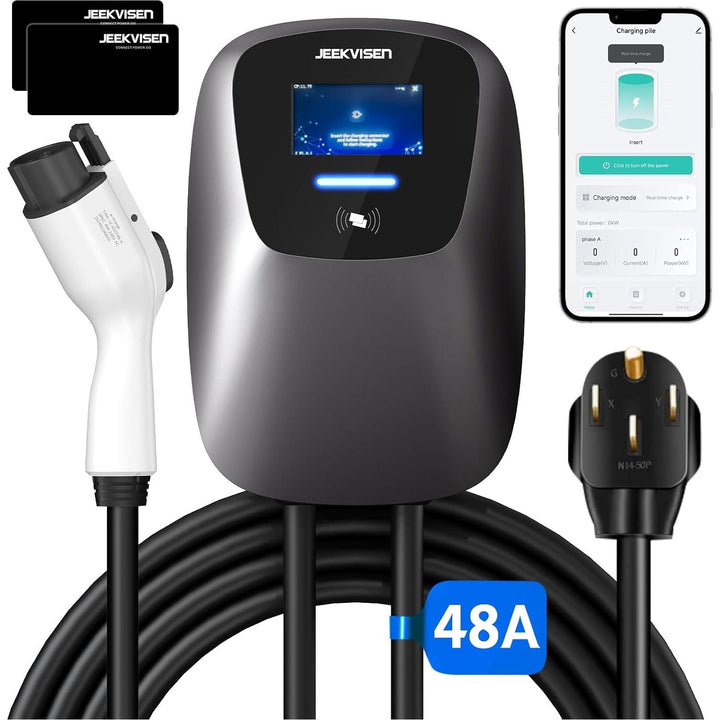 JEEKVISEN Level 2 EV Charger 48Amp 240V NEMA 14 - 50 Plug: Electric Vehicle Charging Station with APP Control, WiFi Enabled EVSE, RFID Card - Compatible with Tesla and All EV Brands (White) - Just Closeouts Canada Inc.