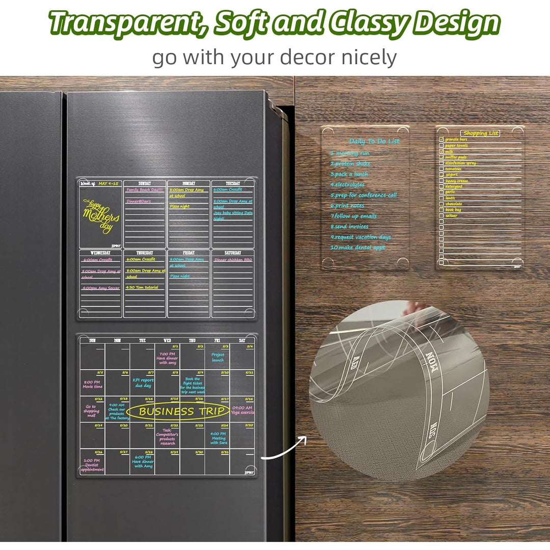 JJPRO Non Magnetic Dry Erase Calendar for Fridge - Reusable Monthly&Weekly Planning Board, List and Blank Board for All Smooth Surfaces. Clear Reusable Board Sticks to Fridge,Wall,Door&Glass - Just Closeouts Canada Inc.