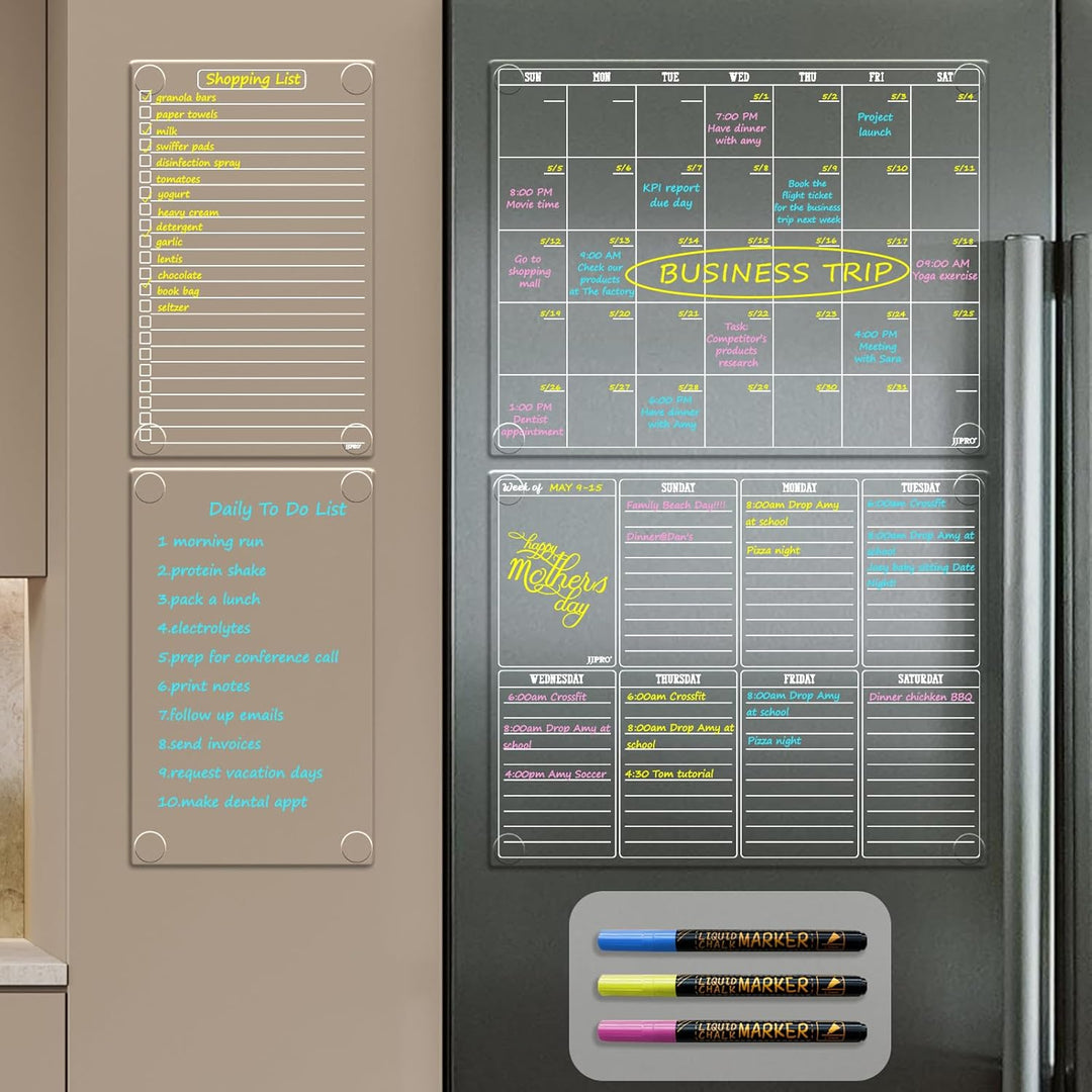 JJPRO Non Magnetic Dry Erase Calendar for Fridge - Reusable Monthly&Weekly Planning Board, List and Blank Board for All Smooth Surfaces. Clear Reusable Board Sticks to Fridge,Wall,Door&Glass - Just Closeouts Canada Inc.