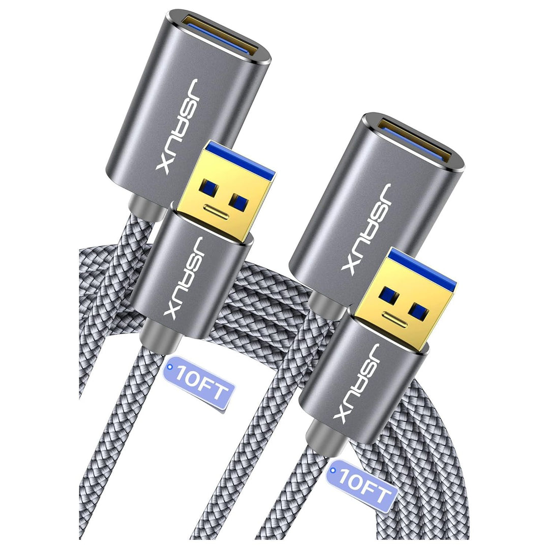JSAUX 2Pack 10FT+10FT USB 3.0 Extension Cable, Type A Male to Female USB Extender Cord Nylon Braided Compatible with Webcam, Camera, Phone, USB hub, Mouse, Keyboard, Printer, Hard Drive, Xbox - Grey - Just Closeouts Canada Inc.