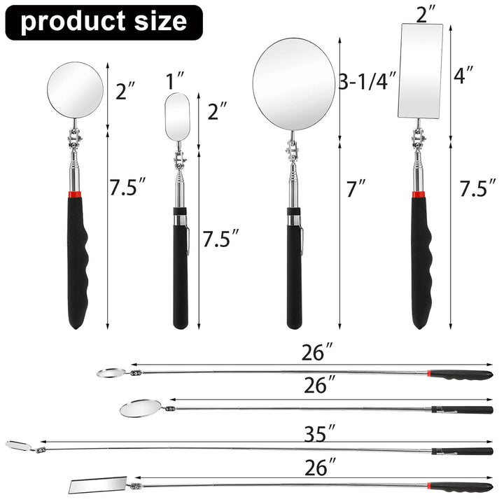 Jucoan 4 Pack Telescoping Inspection Mirror, Flexible Inspection Mirror Round and Rectangular Adjustable Inspection Mirror for Observing Vehicle Small Details,Extends up to 25 Inch, 360 Swivel - Just Closeouts Canada Inc.